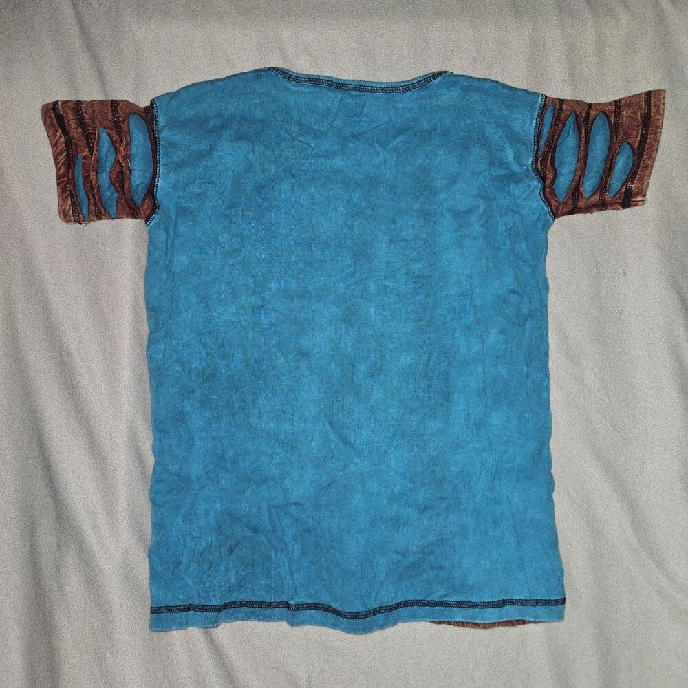 Womens XS Distresed Short Sleeve Top Brown Blue Grunge Boho Hippie 100% Cotton - Picture 7 of 7
